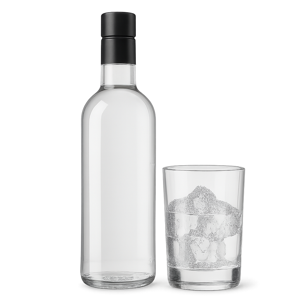 Botella de vodka y vaso con hielo